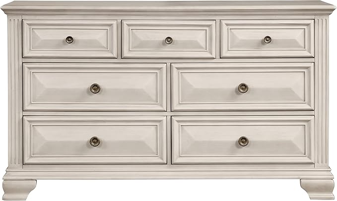 Roundhill Furniture Renova Distressed Parchment Wood Bedroom Set, Panel Bed, Dresser, Mirror, Nightstand, King