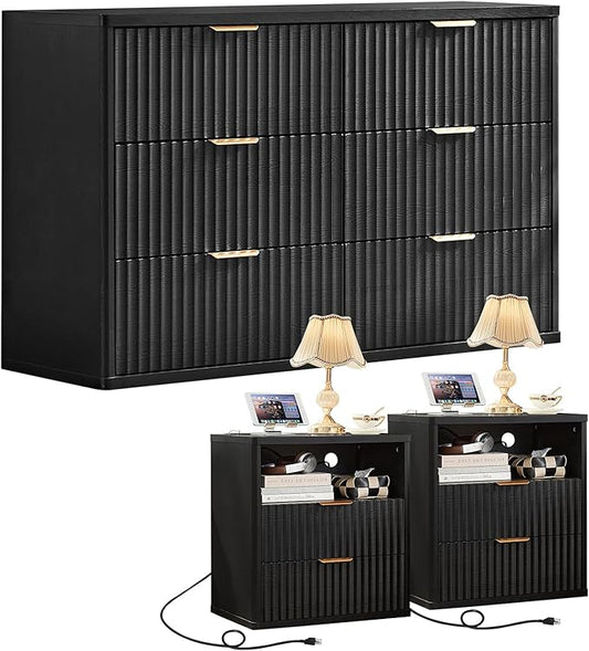 LEYAOYAO Fluted Dresser and 2 Drawers Nightstand Set of 2, Wood 48" Wide Dresser & 23" Night Stand with Charging Station, 3 Piece Bedroom Furniture Set, Chest of Drawers for Home,Living Room,Black