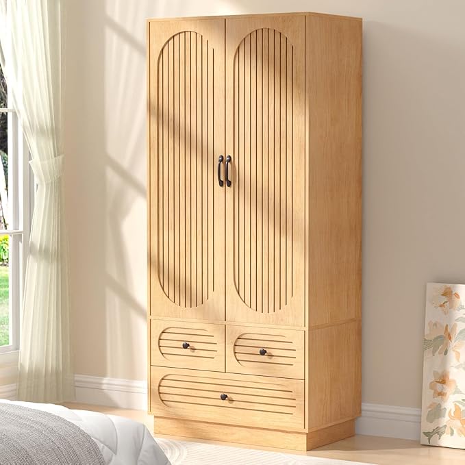 Wood Armoire Wardrobe Closet with Doors, Fluted Wardrobe Cabinet with 3 Drawers, Large Armoire Closet, Tall Clothing Storage Cabinet with Hanging Rod and Shelves, for Bedroom, Laundry, Natural