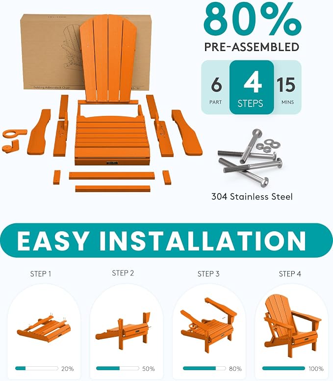 SERWALL Folding Adirondack Chair Set of 4, Weather Resistant HIPS Patio Chairs with Cup Holder for Patio Garden Outdoors Fire Pit Chairs- Orange - Image 6