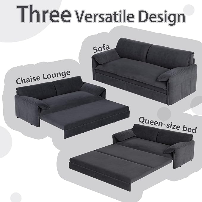 66" Queen Size Pull Out Sofa Bed, 3-in-1 Convertible Sleeper with Side Storage and Wheels, Velvet Loveseat for Living Room, Apartment, Bedroom, Grey (Mattress & Bedding Not Included)