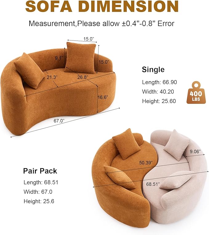 KEIKI S-Curved Loveseat Chenille Couches with 2 Pillows, Upholstered Luxury Plush Cloud Sectional Sofa for Living Room Apartment, Full Sponge Compression
