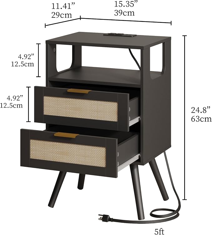 JOONEE Rattan Nightstand with Charging Station,Farmhouse Bedside Table with 2 Storage Drawer and Open Wood Shelf, for Bedroom and Small Spaces,Night Stand with Solid Wood Legs (Black-Outlet) - Image 2
