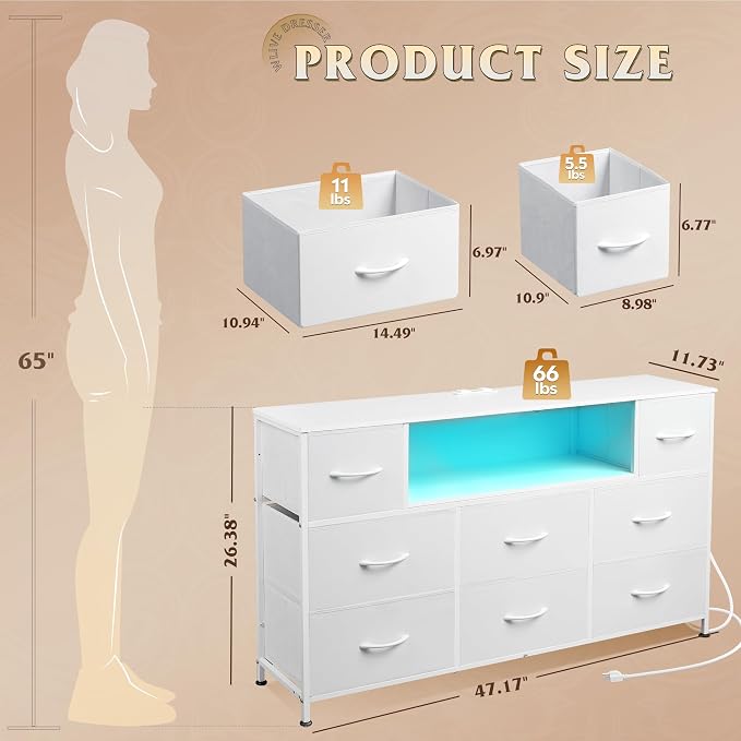 WLIVE White Dresser TV Stand for 45, 50, 55 inch TV, Entertainment Center with LED Lights & Charging Station, Chest of Drawers with 8 Fabric Drawers and Open Shelves for Living Room, Hallway, Wood Top - Image 9