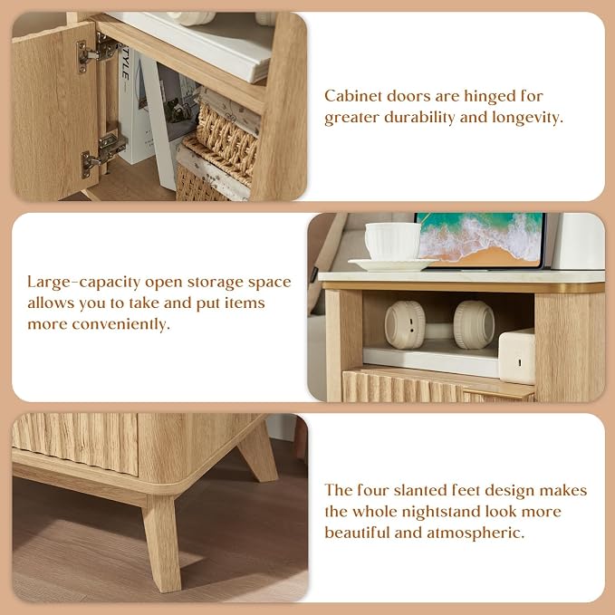 QUW Fluted Nightstands Set of 2 with Charging Station, 18" Modern Side Table, Wooden Bedside Table with Faux Marble Top, Open Storage, Cabinet, End Table for Bedroom, Living Room, Natural Oak - Image 7