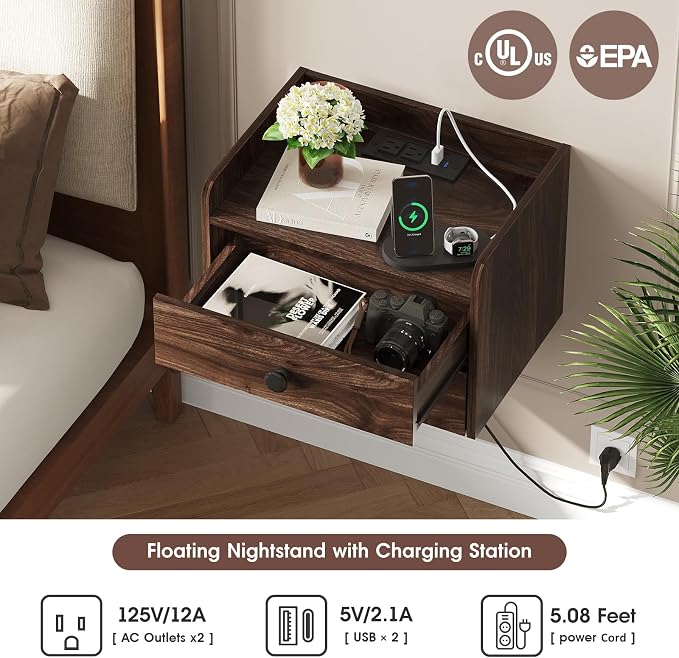 Floating Nightstand Set of 2 with 2 Storage Drawers and Charging Station Wood Wall Mounted Bedside End Table Modern Night Stands Set 2 for Bedroom,Small Space,Brown Walnut - Image 4