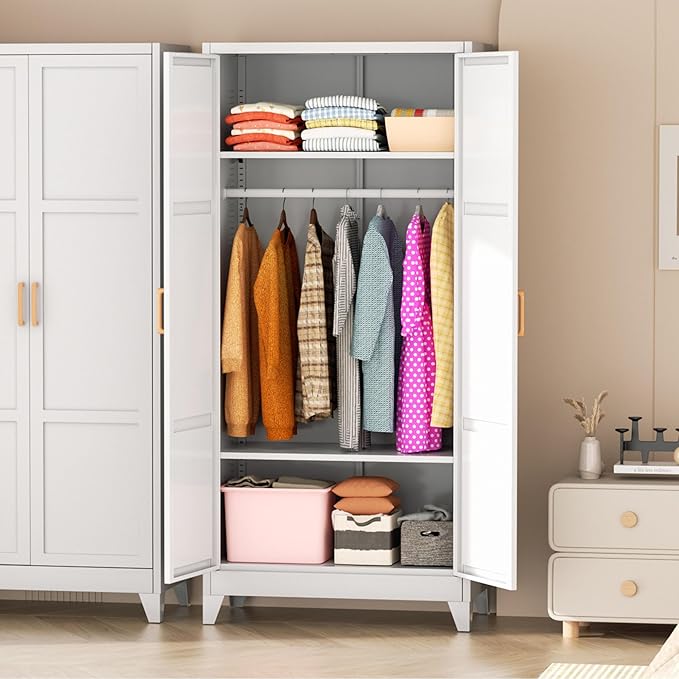 Greenvelly Metal Wardrobe Cabinet, 19" D x 34" W x 71" H Metal Wardrobe Closet with Hanging Rods and Adjustable Shelves,Clothing Storage Closet Cabinet for Bedroom, Cloak Room, Laundry Room (White)