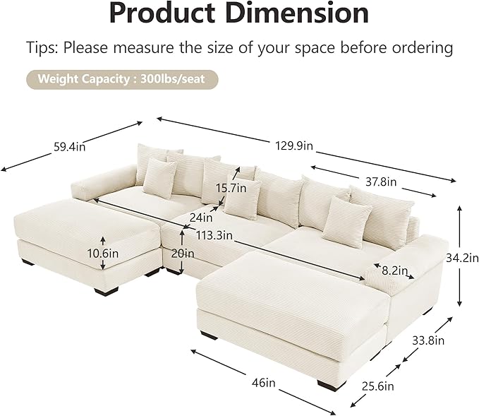 KEIKI 130" U-Shaped Oversized Corduroy Modular Cloud Sectional Sofa with 2 Ottoman, High-Density Foam Cushion, Extra-Thick Armrest, 3-Seater Fluffy Corner Couch with 9 Pillow, for Living Room, Beige