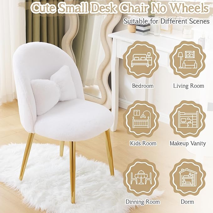 VINGLI Fluffy Girls Vanity Chair with Back & Pillow,Cute Small Cozy Desk Chair No Wheels,Comfy Makeup Ch with Ajustable Gold Legs,for Bedroom,Living Room,Small Space,White