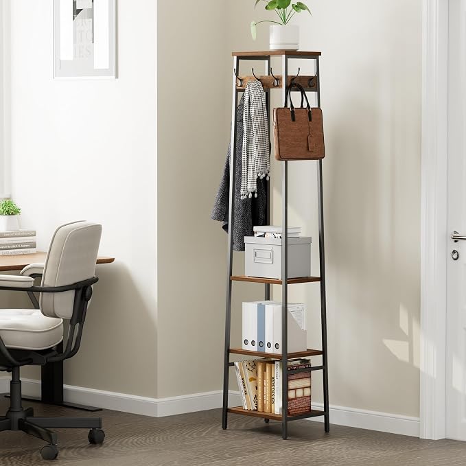 Coat Rack Freestanding, Coat Stand with 3 Shelves and 7 Hooks, Hall Tree Free Standing, Clothes Rack Stand Organizer, Industrial Style, Rustic Brown and Black - Image 7