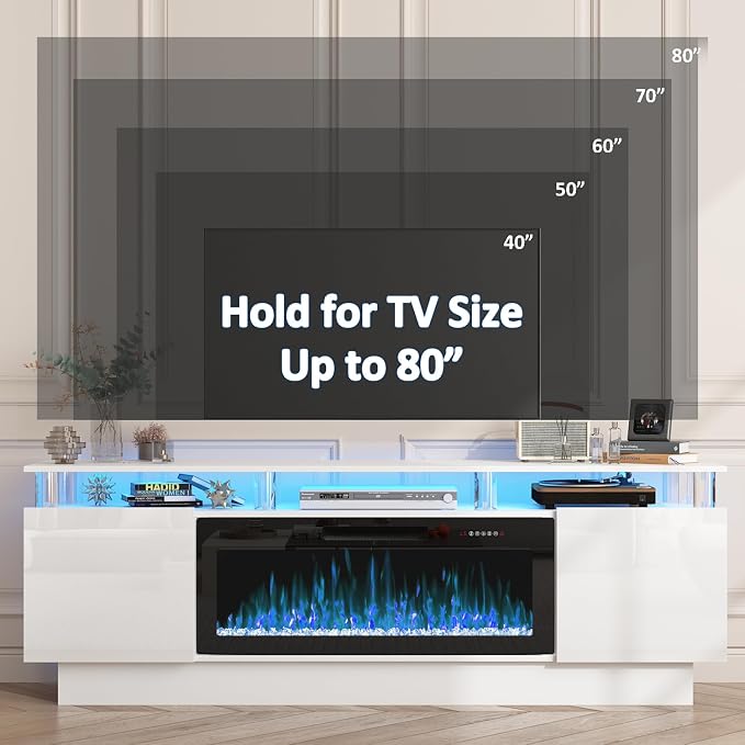 PUKAMI 70" Fireplace TV Stand with 36" Electric Fireplace, LED Light Entertainment Center with Storage, 2 Tier Modern Wood Media TV Console with Highlight Cabinet for Living Room, White - Image 7