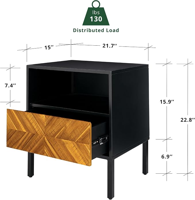Bme Vivian Solid Wood Nightstand, End Table, Bedside Table with Herringbone Pattern for Rustic Bedroom, Easy Assembly, Rustic Golden Brown and Black - Image 2