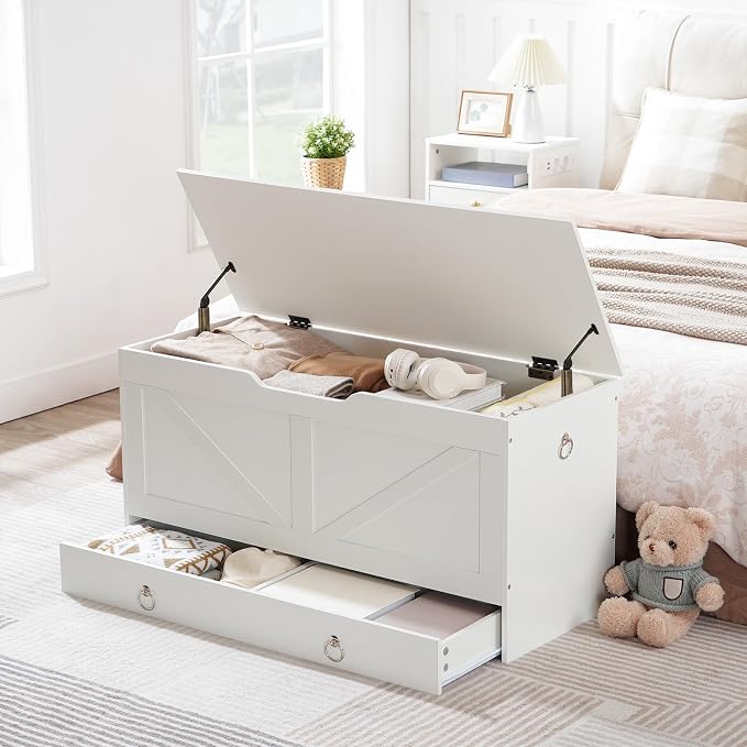 HOOBRO Storage Chest, 39.3" Toy Chest with Drawer, Wooden Storage Bench, Sturdy Entryway Bench Supports 220 lb, Shoe Bench, Safety Hinge, U-Shaped Opening, Easy Assembly, White WT710CW01G1 - Image 4