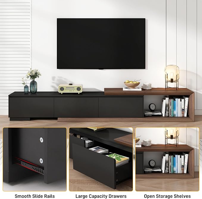chartustriable Extendable TV Stand with 3 Drawers, Modern Minimalist Entertainment Center, Reversible Long TV Media Console, Bevel Design, 82-107.3 Inch, Black & Walnut - Image 6