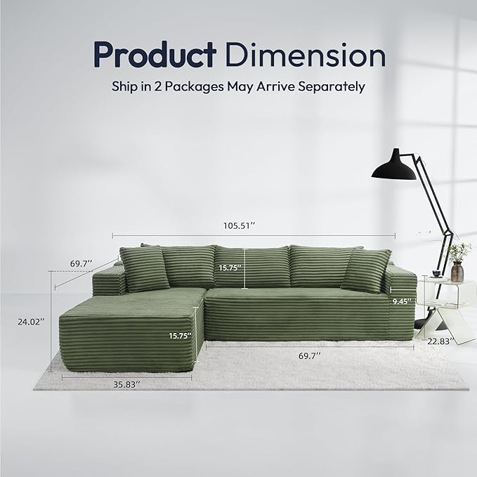Cloud Sectional Couch, Modular Sectional Sofa with Right Chaise Lounge, Modern Modular L-Shape Sofa with Pillows & Deep Seat, Boneless Couches for Living Room Bedroom, Green