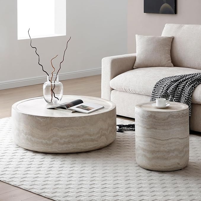 Round Coffee Table Set of 2 for Living Room Modern Drum Center Table Circle Side Tables for Apartment, No Need Assembly (Fiberglass 35.43'' &15.74'')