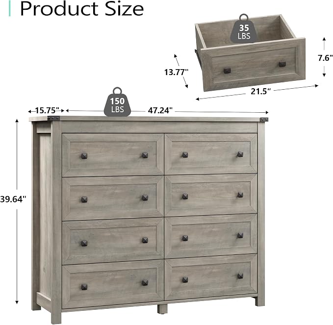 Dresser for Bedroom with 8 Drawers, Farmhouse Wood Chest of Drawers, Wide TV Stand Closet Storage Furniture with Metal Handle, Modern Clothes Organizer for Hallway, Living Room, Entryway, Light Grey - Image 3