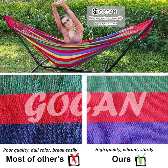 GOCAN Brazilian Double Hammock 2 Person Extra Large 220x160cm Total Length 330cm Load 500lb Canvas Cotton Hammock for Patio Porch Garden Backyard Lounging Outdoor and Indoor(Rainbow) XXL - Image 4