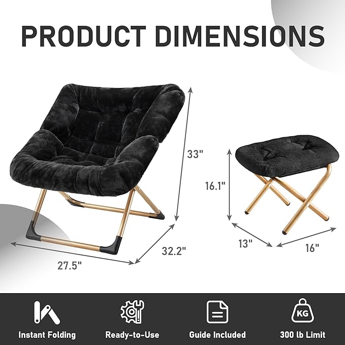 Youtanic Comfy Oversized Saucer Chair with Ottoman,Soft Faux Fur Reading Lounge Chair for Adults,Stable X-Large Metal Frame and Non-Slip Pad,Cozy Chair for Bedroom, Living Room, Dorm, Office, Black