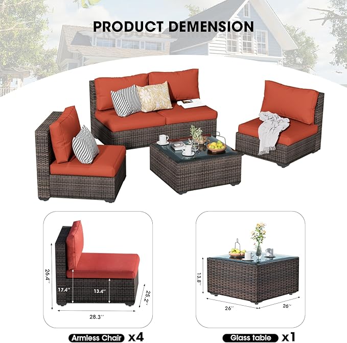 5 Piece Patio Furniture Set All Weather PE Rattan Outdoor Sectional Sofa Couch with No-Slip Cushions and Glass Top Table for Garden, Poolside, Backyard (Red)