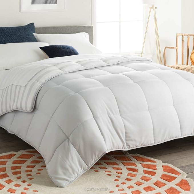 Linenspa Reversible Down Alternative Comforter and Duvet Insert, Oversized King – All-Season Comforter with Box Stitch and 8 Duvet Loops – Bedding for Kids, Teens, and Adults – Grey / White Stripe