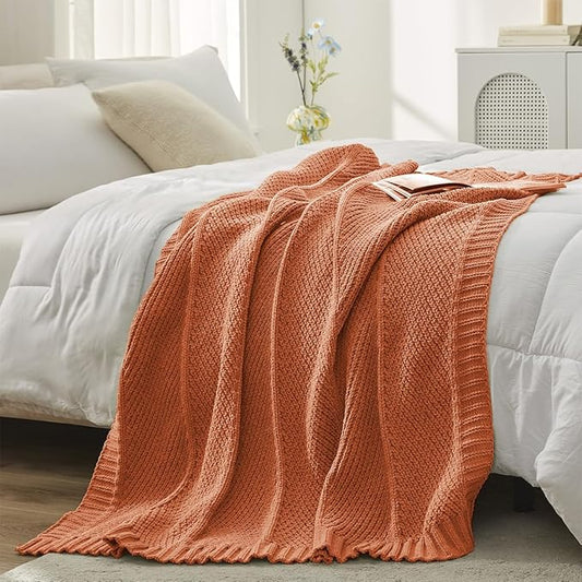 Amélie Home Knit Throw Blanket, Soft Chenille Cozy Breathable Chevron Chunky Decorative Blanket for Couch, Bed & Sofa, French-Inspired Lightweight Warm Gift for Women, Orange, 50"x60"