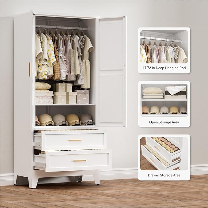 COFaR Metal Armoire Wardrobe Closet with Drawers, 71'' Tall Farmhouse Bedroom Armoires with Doors, Freestanding Steel Wardrobe Cabinet Coat Closet for Bedroom Home Office Garage, White