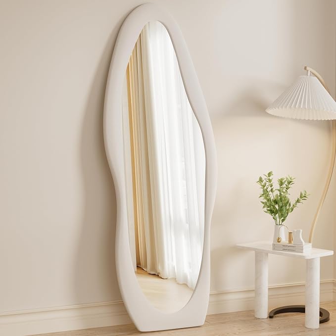 Rowjut Full Length Mirorr, 63"x24" Mirror Full Length, Irregular Wall Mounted Mirror, Standing Floor Mirror with Flannel, Wavy Body Mirorr Hanging or Leaning Against Wall for Bedroom (White) by Rowjut