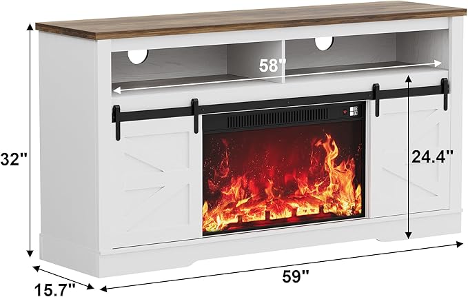 JUMMICO Fireplace TV Stand for 65+ Inch TV with 26'' Fireplace Entertainment Center with Storage Cabinet and Adjustable Shelves Media Console with Sliding Barn Door for Living Room (Bright White) - Image 3