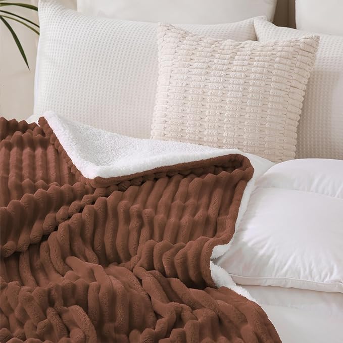 Chocolate Sherpa Fleece Throw Blanket 50”×60” for Couch Sofa Bed,Super Soft Cozy Plush Double Side Thick Flannel Blanket with Striped Design Lightweight for Adults,Woman,Girls