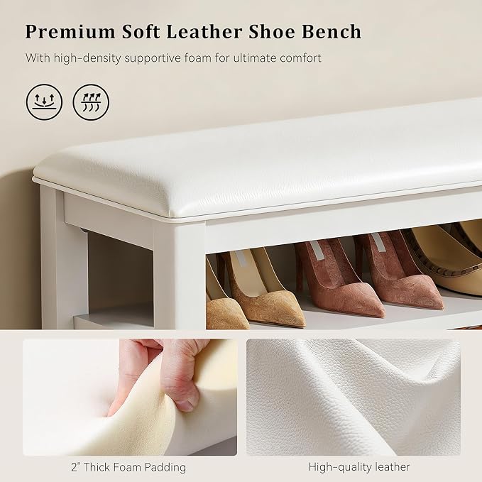 Shoe Rack Bench Entryway Storage with Leather Cushion, Shoe Organizer Bench for Entryway, Ideal for Front Doors Entrances Hallway Mudroom Featuring Rubberwood And 3 Height-Adjustable Removable Shelve - Image 6
