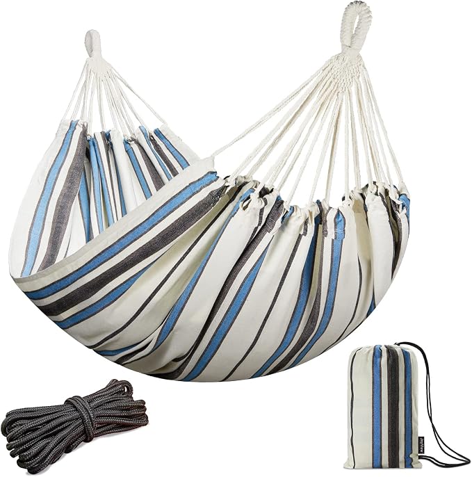 JoyView Brazilian Double Hammock with Hanging Ropes Extra Large 86.6x59” Portable Cotton Hammock for Patio Backyard Porch 450LBS Weight Capacity Perfect for Outdoor/Indoor - Blue & White Stripes by JoyView