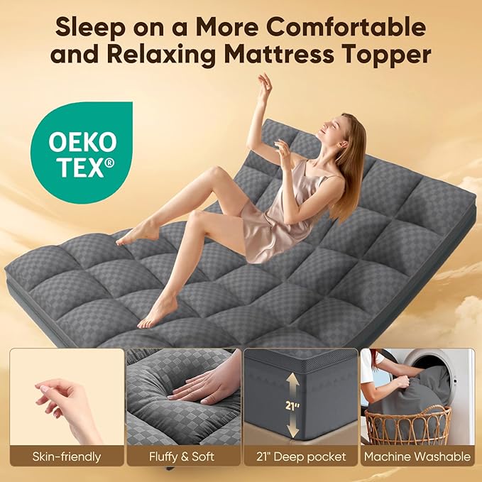 Queen Mattress Topper, 4.5 Inch Memory Foam Mattress Topper for Back Pain - 2.5" Cooling Memory Foam Soft and Supportive + 2" Pillow Top Mattress Pad Cover, with 8-21" Deep Pocket, Dark Gray