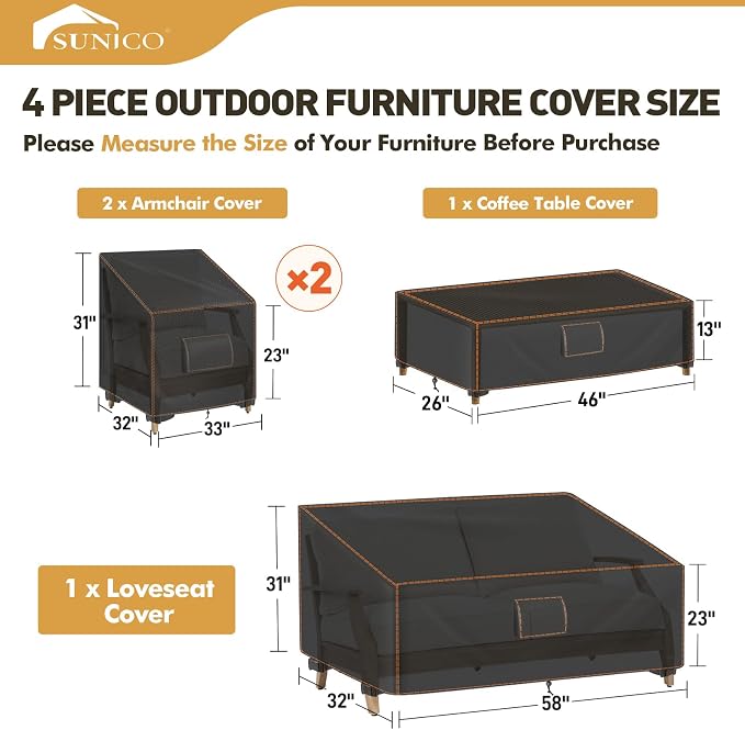 SUNICO Patio Furniture Set Covers, 4 Piece Patio Covers for Outdoor Furniture Waterproof, 420D Outdoor Furniture Cover, UV Fade Protection, Tear-Resistant, Black - Image 2