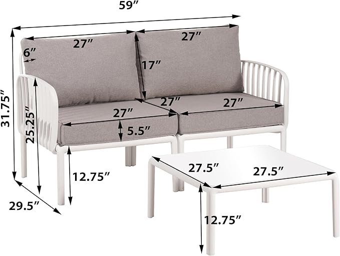 Christopher Knight Home Landon 4 Pieces Patio Conversation Set, Loveseat and Coffee Table Set, Accent Chairs, Club Chair with Cushion, Sofa Chair with Table Set for Balcony Garden, White+Light Gray