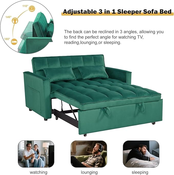 Convertible Sofa Bed, Pull Out Couch with Side Pockets, 3 in 1 Velvet Fabric Loveseat Sleeper Sofa Bed, Pull Out Couch with Adjustable Backrest for Living Room, Bedroom, Apartment, Green