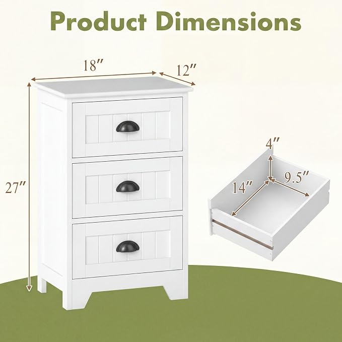 Giantex Nightstand with 3 Drawers, Set of 2 Bedside Table with Exquisite Metal Handles, Accent Table Sofa Side Table with Anti-toppling Device for Bedroom, Study, White - Image 3