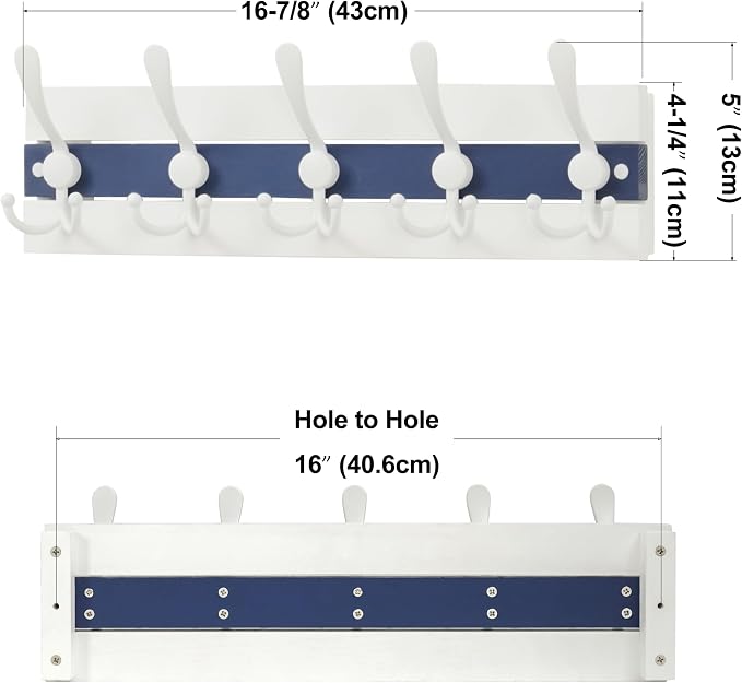 SKOLOO Coastal Wall Mounted Coat Rack - 16-7/8" Beach House Entryway Wooden Coat Hook with 5 Hooks for Hanging Coats, Hats or Towels, Oceanfront Cottage Core Collection, White & Blue - Image 7