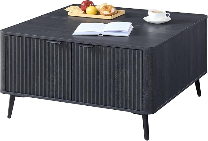 Lift Top Coffee Table with Storage, 35.4" Wide Square Black Coffee Table with Large Hidden Compartment, Mid Century Modern Fluted Center Table for Home Living Room, Balck Grey