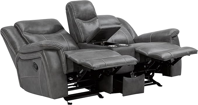 Coaster Home Furnishings - Conrad - Faux Leather Upholstered Padded Arm Glider Loveseat with Cup Holders, USB Port, Storage Drawer, and Power Outlet - Living Room & Home Theater - Gray - 650355