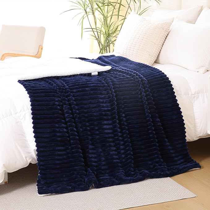 Navy Blue Sherpa Fleece Throw Blanket 90”×90” for Couch Sofa Bed,Super Soft Cozy Plush Double Side Thick Flannel Blanket with Striped Design Lightweight for Adults,Woman,Girls