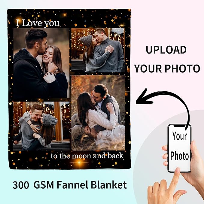 ROMANDY Ships Next Day Custom Blanket with Picture Customized Banket Personalized Throw Blankets Customizable Photo Blankets Customize Gifts for Mom Dad Girlfriend Boyfriend Wife Husband Her Him