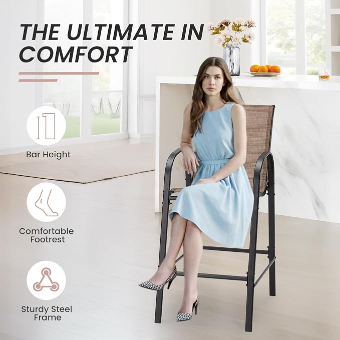 HOMREST Outdoor Bar Height Stools Set of 4,High Back Patio Chairs with Armrests,Textilene Chairs with Breathable Fabric & Metal Frame for All Weather,Brown - Image 4