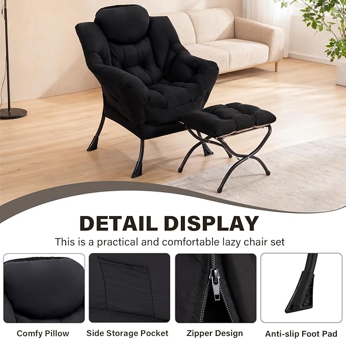 Lazy Chair with Ottoman, Modern Accent Chair Contemporary Lounge Leisure Sofa Chair with Armrests, Reading Chair and Folding Footstool Set for Living Room, Bedroom, Office, Black