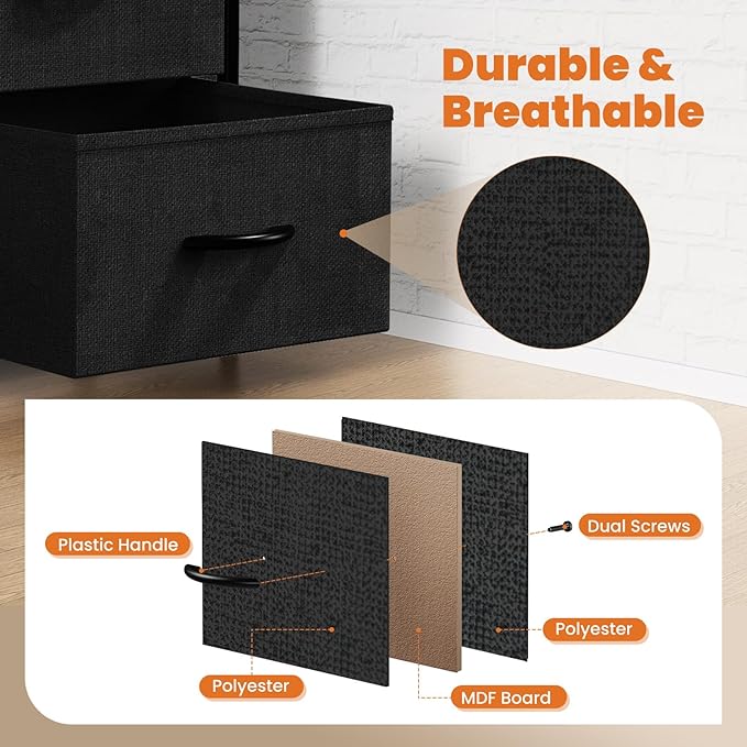 Simple Deluxe Nightstand 2 Drawers Dresser for Bedroom, 3-Tier Bedside Table with Fabric Bins, End Table for Living Room, Wood top Load-Bearing up to 44 lb, Black