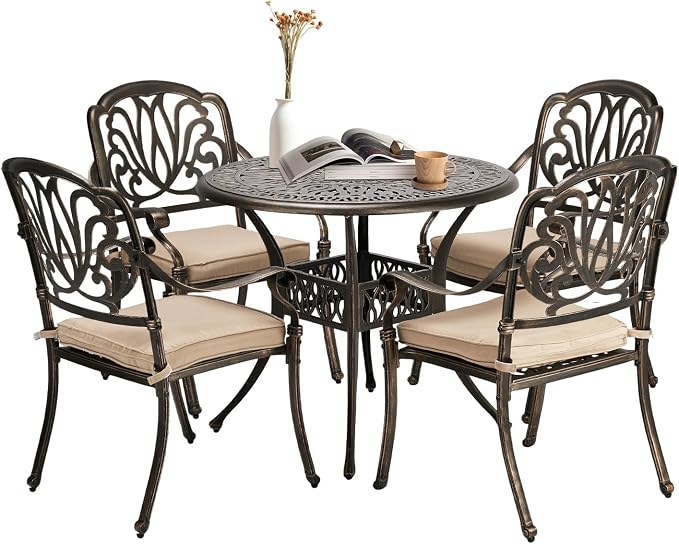 VINGLI 5-Piece Outdoor Patio Dining Set, Cast Aluminum All-Weather Outdoor Table and Chairs w/Cushion, Outdoor Furniture Set w/Umbrella Hole for Backyard Deck Poolside (Round, Elizabeth Back) by VINGLI