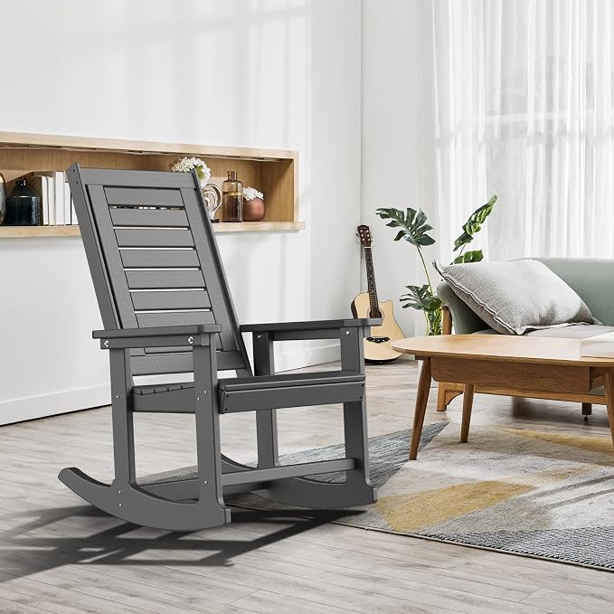 GREENVINES Outdoor Rocking Chairs | Set of 2 | Porch Rocker | HDPE Plastic | Grey | Oversized Rockers | High Back | Big & Tall | Ladder Back | for Patio Outside Backyard Balcony Garden - Image 5