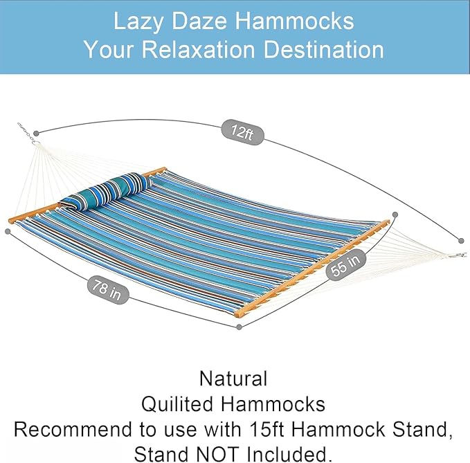 Lazy Daze Hammocks 12 FT Quilted Fabric Double Hammock with Spreader Bars and Detachable Pillow, 450lbs Weight Capacity - Image 2