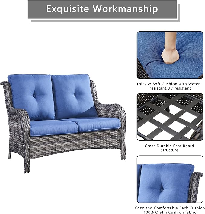 Patio Furniture Swivel Chairs Set - 6 Piece Wicker Rattan Outdoor Sectional Conversation Sets with 2 Swivel Rocking Chairs,2 Ottomans,1 Loveseat and 1 Coffee Table for Porch Deck(Mixed Grey/Blue)