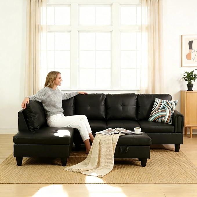 L-Shape Sofa with Storage Ottoman, 3-Piece Faux Leather Sectional Sofa Set, Modern Living Room Couch with Chaise Lounge, Tufted Upholstered Sofa Set for Apartment Living Room, Black